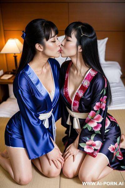 2 women wear kimono kneeling down before a giant dildo, 2 women kissing in the room - ai-porn.ai on pornintellect.com