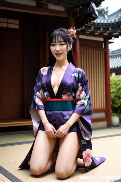 2 women wear kimono kneeling down before a giant dildo - ai-porn.ai on pornintellect.com