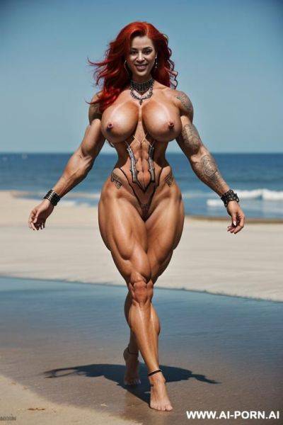Topless, bottomless, ((((full naked)))), very beautiful face, (((smiles and shows tongue))), ((((nude)))), (((waist long beautiful red hair))), ((((wasp waist)))), (((hourglass figure))), (((massive round - ai-porn.ai on pornintellect.com