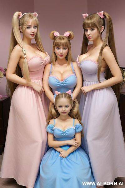 Two blonde woman and one light brown haired woman, blue eyes, huge massive gigantic boobs, in the middle of two big pink plushie bears, cheap princess dress, huge hair tail - ai-porn.ai on pornintellect.com