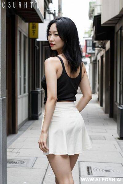 Asian woman in her 30s, standing in street, tanktop, skirt, her skirt is pulled up, thong visible - ai-porn.ai on pornintellect.com