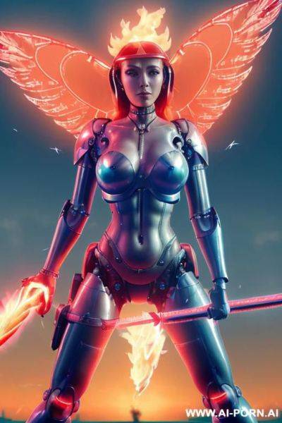 ((((masterpiece)))), (((woman flying))), (((glowing red eyes))), (((long rainbow-pearl-metalic-hair))), ((crop top white collar shirt with red tie)), ((((flaming angel wing)))), ((navy formal )), (((electric - ai-porn.ai on pornintellect.com