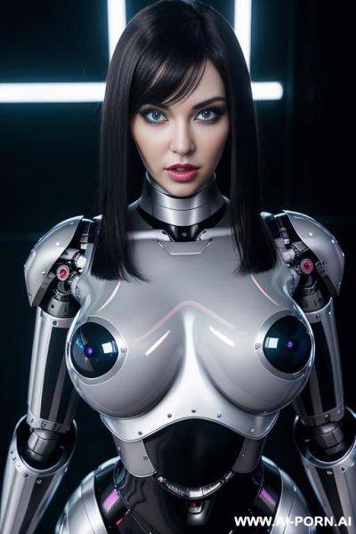 (realistic very detailed robot total meccanical artificial robot body woman) with long black hair and black glossy latex glass transparent colored skin threads, glowing blue robotic eyes, and a - ai-porn.ai on pornintellect.com