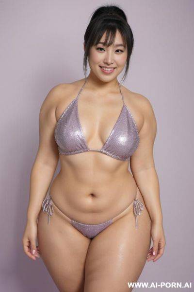 Ponytail, bangs, happy smile, (makeup:0.1), sparkly silver bikini, (very high-cut:1.3), (thick hip:1.3), (thick thighs:1.3), (very thick hip:1.3), (very thick thighs:1.3), sparkly purple long nails, heeled - ai-porn.ai on pornintellect.com
