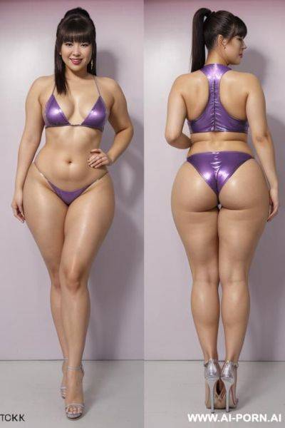 Back shot view, ponytail, bangs, happy smile, (makeup:0.1), sparkly silver bikini, (very high-cut:1.3), (thick hip:1.3), (thick thighs:1.3), (very thick hip:1.3), (very thick thighs:1.3), sparkly purple - ai-porn.ai on pornintellect.com