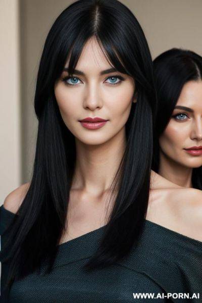 3 woman, shoulder length straight black hair, blue eyes, rectangular face, high cheek bones, chin dimple, - ai-porn.ai on pornintellect.com