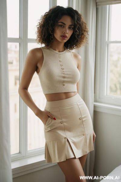 Fashion self-portrait of a woman, 18 years old, medium-length curly hair, light skin tone with mediterranean features, standing in front of a mirror in a cozy bedroom, wearing a short skirt and - ai-porn.ai on pornintellect.com