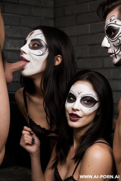 Athletic brunette gets fucked by two guys wearing halloween masks. she is sucking one dick and the other guy is fucking her from the back. only the men are wearing masks, she is not wearing a mask - ai-porn.ai on pornintellect.com