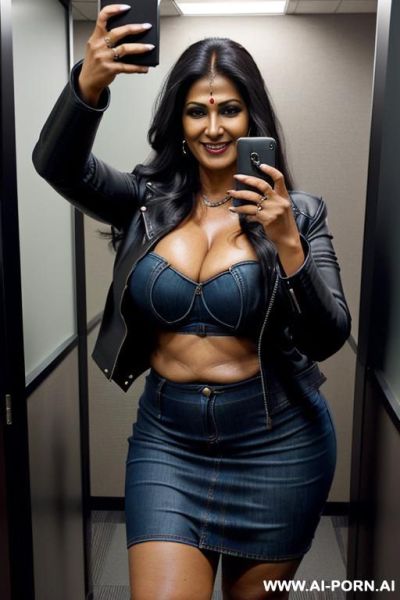 ((((very dark skin indian gilf)))) with gigantic tits and ((long hair)) (((makeup))) , ((tight black leather jacket)) (((tight jean skirt))) ((((selfie)))) - ai-porn.ai - India on pornintellect.com