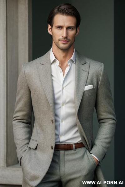 Handsome man, 30 years old, athletic body, tall, refined look, sharp jawline, narrow face, hawk-like nose, blue-green eyes, slight smile, light brown hair, white shirt, gray woolen trousers, dark wool coat, traditional formal clothes - ai-porn.ai on pornintellect.com