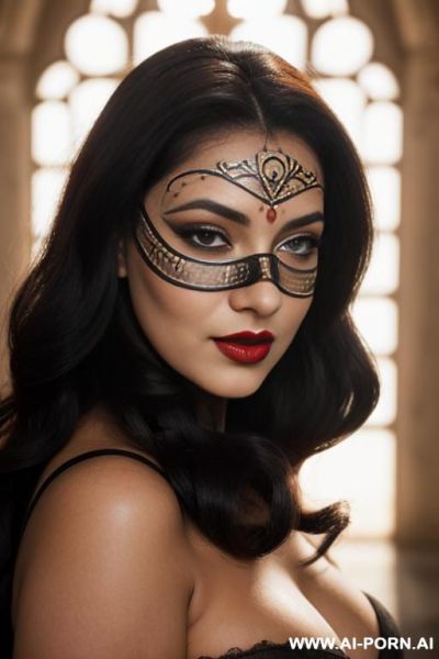 Close up portrait of a woman wearing a bandits mask with holes that expose her eyes & mouth. makeup, dark eye makeup & red lipstick - ai-porn.ai on pornintellect.com