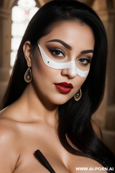 Close up portrait of a woman wearing a bandits mask with holes that expose her eyes & mouth. makeup, dark eye makeup & red lipstick, (((keep face))) - ai-porn.ai on pornintellect.com