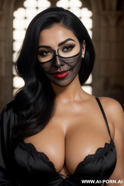 Close up portrait of a woman wearing a black bandits mask with holes that expose her eyes & mouth. makeup, dark eye makeup & red lipstick, (((keep face))) - ai-porn.ai on pornintellect.com