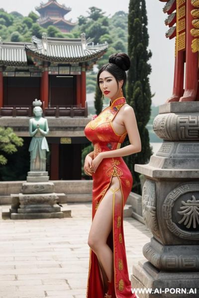 ((empress of china)), ((chinese watermelon motif traditional dress)), ((ahegao)), ((full lips)), ((stand up)), ((palace)), ((smart)), ((exterior nature view in the behind her)), ((she hug a statue)) - ai-porn.ai - China on pornintellect.com