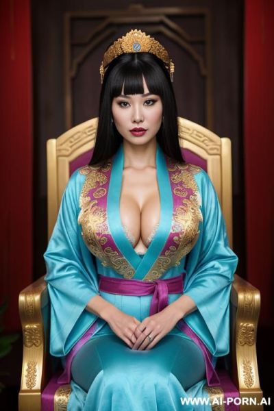 ((empress of china)), ((full cyan magenta empress robe)), ((sitting on golden throne in big palace)), ((her iq is ultra-high)), ((very smart)), ((amused)), ((full lips)), ((face swollen)), ((lip biting)) - ai-porn.ai on pornintellect.com