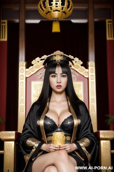((empress of china)), ((full black empress robe)), ((sitting on golden throne in big palace)), ((her iq is ultra-high)), ((very smart)), ((amused)), ((full lips)) - ai-porn.ai on pornintellect.com