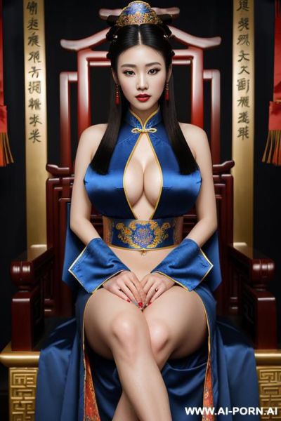 ((empress of china)), ((chinese blue royal robes and black chinese traditional)), ((full lips)), ((sitting on the throne)), ((on harem)), ((burning background)), ((show her armpit)) - ai-porn.ai - China on pornintellect.com