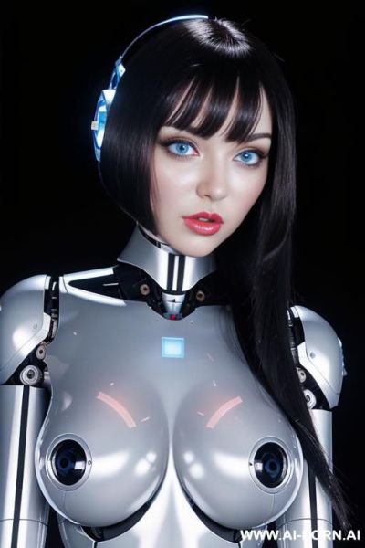 (beautiful very real very detailed robot doll total meccanical artificial robot body woman) with long black hair and black-white sky blue glossy glass rubber latex transparent colored skin threads, - ai-porn.ai on pornintellect.com