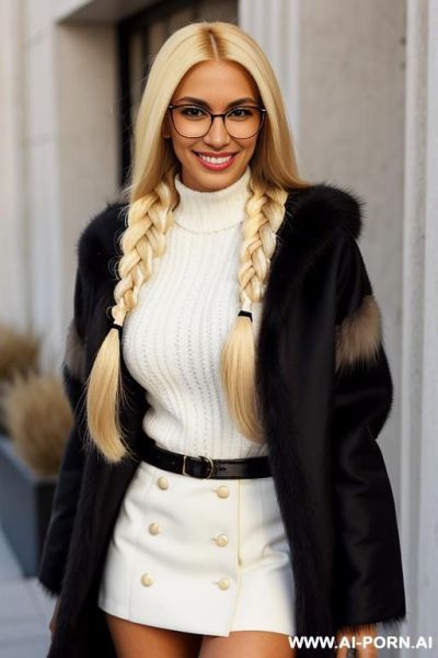 ((caucasian latina)), (sleek hair with long single braid)), round borderless glasses, friendly smile, long black and white colored skirt, furry jacket, open, ,no tattoos, tanned - ai-porn.ai on pornintellect.com