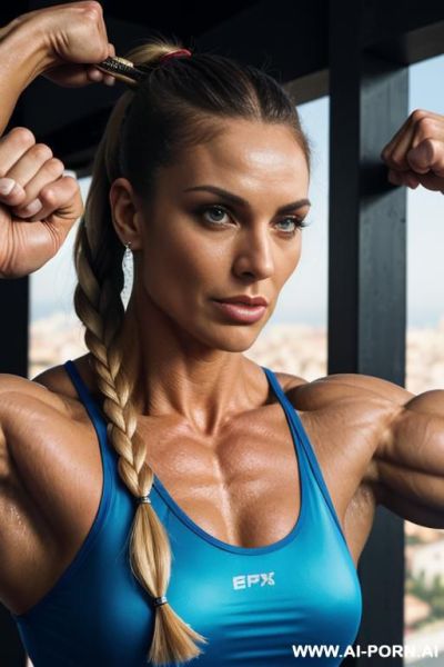 No bra, super muscular like a male bodybuilder, flexing her muscles very hard, most muscular woman in the world, pure muscular muscles - ai-porn.ai on pornintellect.com