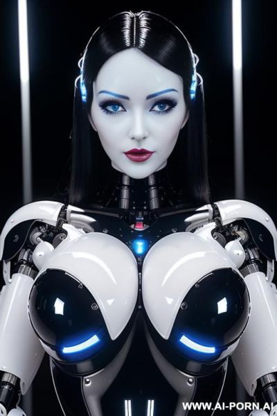 (beautiful very real very detailed tranformer style robo-cop robot doll total meccanical artificial robot body woman) with long black hair and black-white sky blue glossy glass rubber latex - ai-porn.ai on pornintellect.com