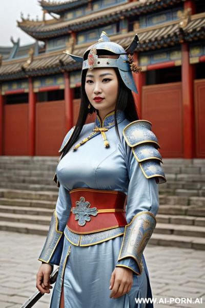 ((chinese armor)), ((chinese medieval)), ((chinese helmet armor)), ((steel)), ((light blue)), ((full lips)), ((smart)), ((firm face)), ((chinese palace background)), ((sword)) - ai-porn.ai - China on pornintellect.com
