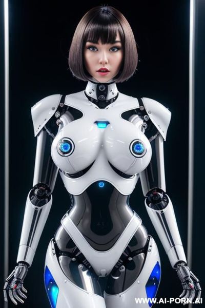 (beautiful very real very detailed robot tranformer style robo-cop robot doll total meccanical artificial robot body woman) with long black hair and black-white sky blue glossy glass rubber latex - ai-porn.ai on pornintellect.com