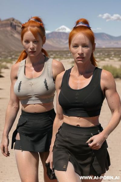 ((((two hiker women)))) ((((they have white skin)))) ((((high ponytail)))) ((((ginger hair)))) ((((really big bulky muscles)))) ((((they are hiking in the desert)))) ((((they are wearing only black tank tops and black skirts)))) ((((they are sweating)))) - ai-porn.ai on pornintellect.com