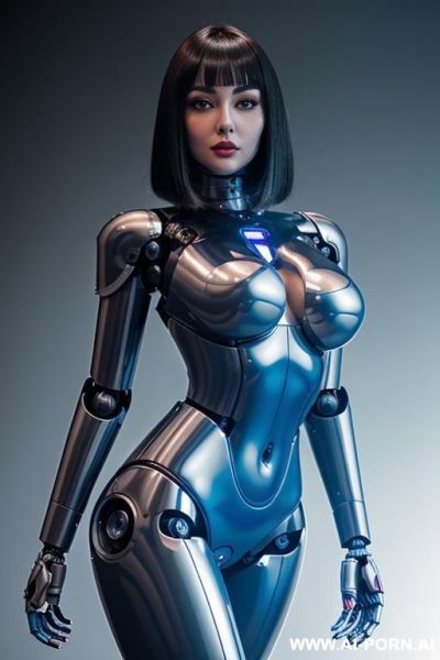 (beautiful very real very detailed robot tranformer style robo-cop robot doll total meccanical artificial robot body woman) with long black hair and black-white sky blue glossy glass rubber latex - ai-porn.ai on pornintellect.com