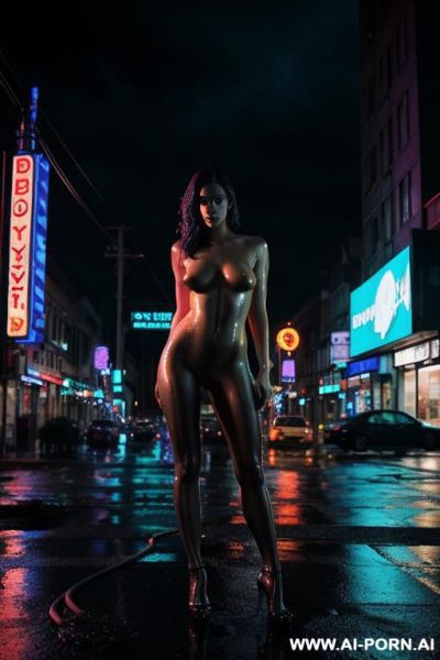 Woman, fully nude, standing in a window, city street, future world, dramatic lighting, neon, night, wet, dirty, wires - ai-porn.ai on pornintellect.com