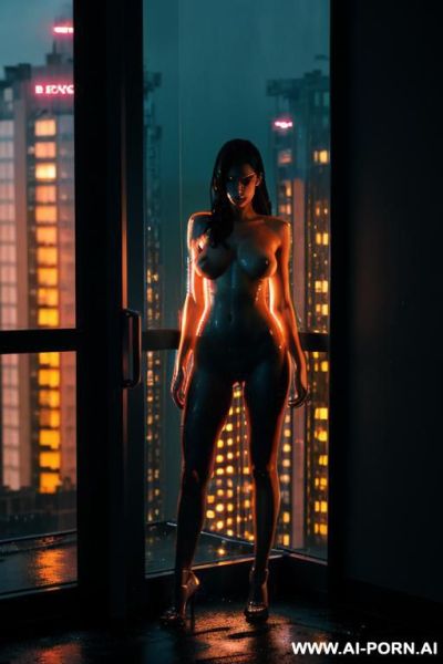 Woman, fully nude, standing in a window, apartment building, future world, dramatic lighting, neon, night, wet, dirty - ai-porn.ai on pornintellect.com