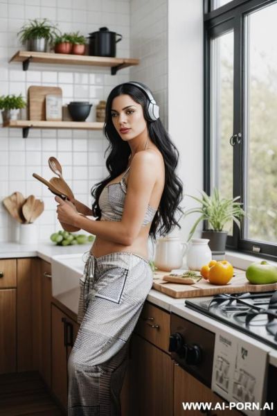 Photorealistic scene of a sexy woman in a bright modern kitchen in the morning. she wears no top and loose plaid pajama pants, leaning casually against a white counter while stirring a bowl. - ai-porn.ai on pornintellect.com