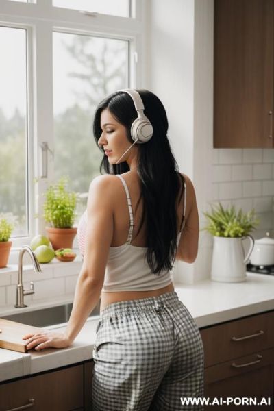 Photorealistic scene of a woman in a bright modern kitchen in the morning. she wears a pastel tank top and loose plaid pajama pants, leaning casually against a white counter while stirring a - ai-porn.ai on pornintellect.com