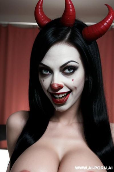 (creepy devil clown woman), ( wearing devil horns), (cum on her tits), (show her licking cum from a dick), (succubus), (show her sucking his dick), (sucking dick), (blowjob), (cumshot), (tits covered in cum) - ai-porn.ai on pornintellect.com