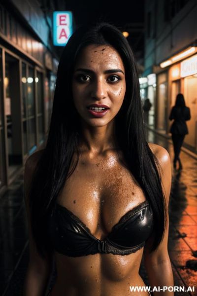 Woman, fully nude, black splatter, leaning back, city street, alley, future world, dramatic lighting, neon, night, wet, puddles, dirty, trash, wires - ai-porn.ai on pornintellect.com