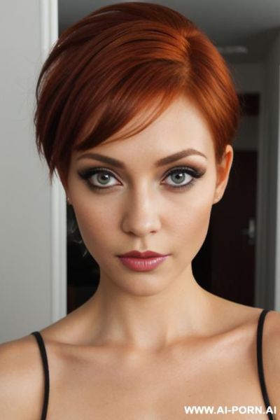 Pixie hairstyle, redhead, skin, dark eye makeup, mirror shot, brown colored eyes, big eyes - ai-porn.ai on pornintellect.com