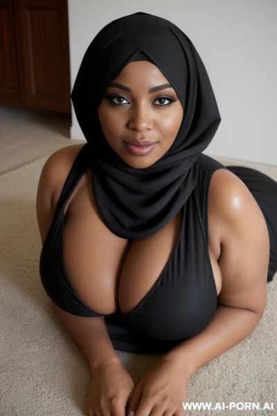 Curvy black bimbo, large massive oversized breasts, black hijjab that covers her body, happy horny seductive expression, sleepy eyes, lying on the floor, bending over - ai-porn.ai on pornintellect.com