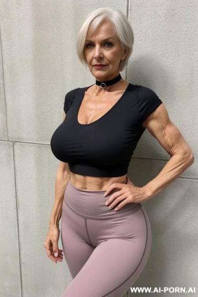 Matured old milf, wrinkles, wrinkled skin, aging marks, tight shorts, tight shirt, extremely gigantic boobs, perfect eyes, choker, waist shot - ai-porn.ai on pornintellect.com