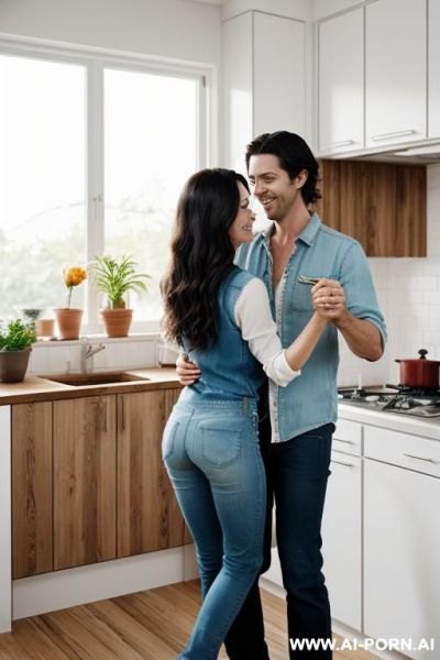 A beautiful full naked woman and a handsome man stand back-to-back, dancing and laughing. the woman has long dark hair. the man has short brown hair, light stubble, and wears a light denim - ai-porn.ai on pornintellect.com