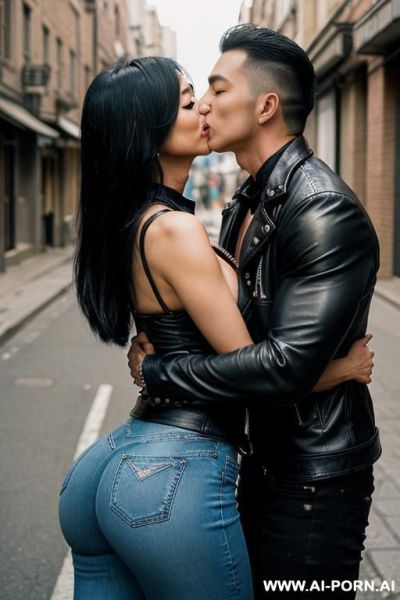 ((((asian milf kissing a man)))) with (((((gigantic tits))))) , (((makeup))) , (((tight black leather jacket))) (((tight jeans))) (((((kissing a muscular man in the street))))) (((boots))) ((((big ass)))) - ai-porn.ai on pornintellect.com