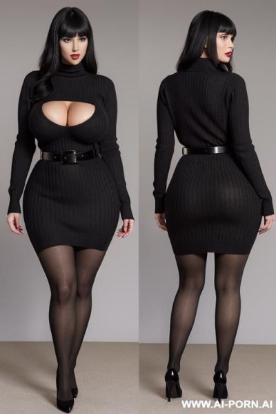 Red long sleeve sweater dress, black stockings, narrow waist, black waist belt, casual - ai-porn.ai on pornintellect.com