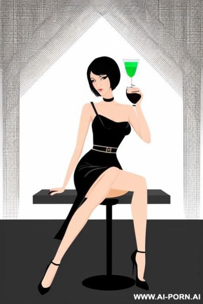 Create a vector-style illustration of a stylish woman with a short black bob, sitting on a modern barstool with crossed legs and holding a cocktail glass. she wears a simple black dress. use - ai-porn.ai on pornintellect.com