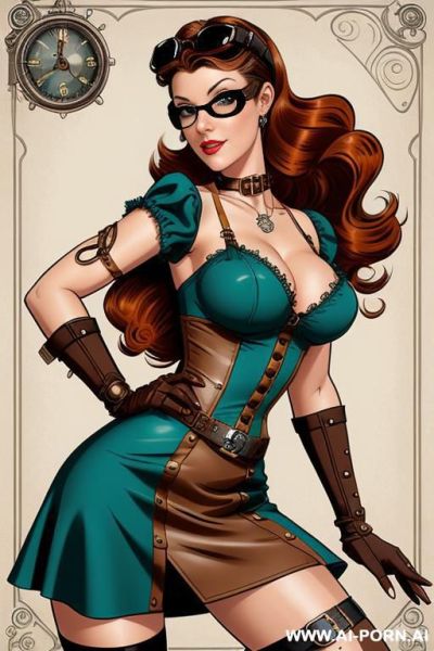 Create a full-color illustration in the style of a dynamic steampunk pin-up cartoon. the character is a , attractive, energetic adventurer with large expressive eyes and long, voluminous, curly - ai-porn.ai on pornintellect.com