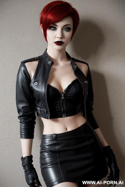 Goth, red hair, pixie hair cut, black lipstick, fishnets, fingerless gloves, pencil skirt - ai-porn.ai on pornintellect.com