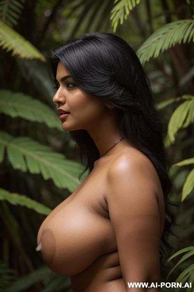 Huge round boobs, busty, thick, seductive, indian, white skin, dark, turning back, nude, highly detailed, side view, jungle woman - ai-porn.ai - India on pornintellect.com