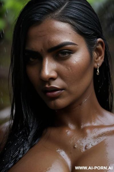 Huge round boobs, busty, thick, seductive, indian, dark skin, wet in pond, rain, dark, night, turning back, nude, highly detailed, side view, thick eyebrows, long eyebrows, hostile - ai-porn.ai - India on pornintellect.com