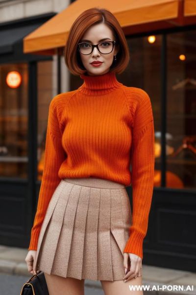 Woman, short bobbed orange-brown hair and square orange-framed glasses, tight orange turtleneck sweater; pleated red short skirt. - ai-porn.ai on pornintellect.com