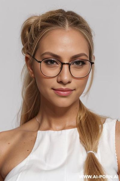 Spanish, tanned skin, blond haircolor, long hair, ponytail, straight combed-back hair, borderless round glasses, seducive smirk, close up face, long skirt, black top, white blouse, oval face - ai-porn.ai - Spain on pornintellect.com