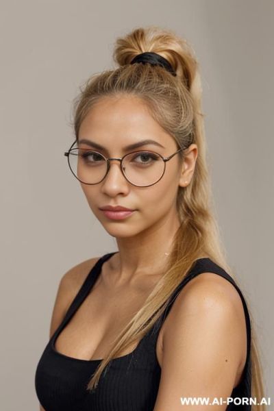 Latina, tanned skin, blond haircolor, long hair, ponytail, ly combed-back hair, borderless round glasses, seducive smirk, close up face, long skirt, black top, oval face - ai-porn.ai on pornintellect.com