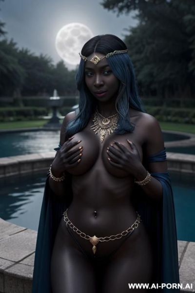 ((topless)), (((grabbing breasts))), (seductive eye contact), looking at viewer, (lustful face), (full voluminous hair), (necklaces), (((grabbing breasts))), (((perfect round breasts))), noir skin, (((dark - ai-porn.ai on pornintellect.com